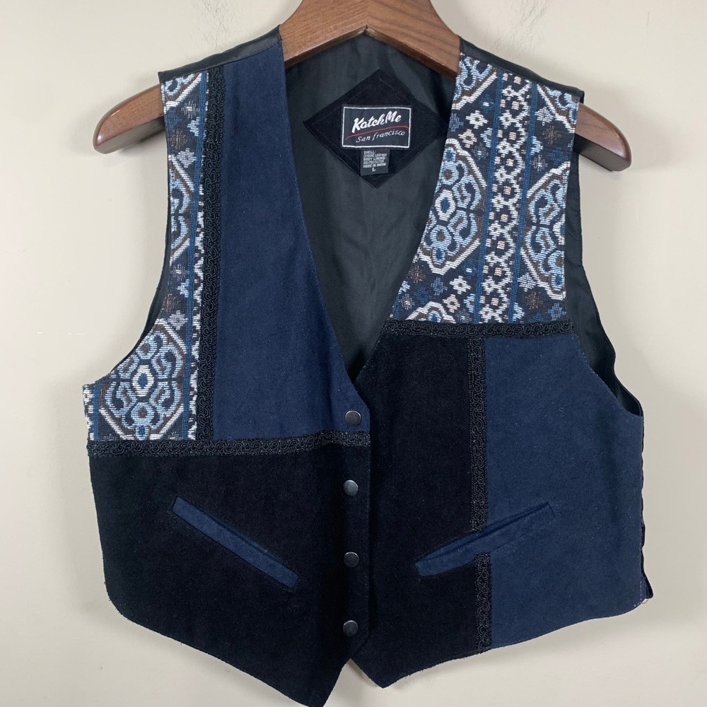 Vintage Katch Me Navy/Black Suede/Tapestry Western Rodeo Boho Hippy Ranch Vest L